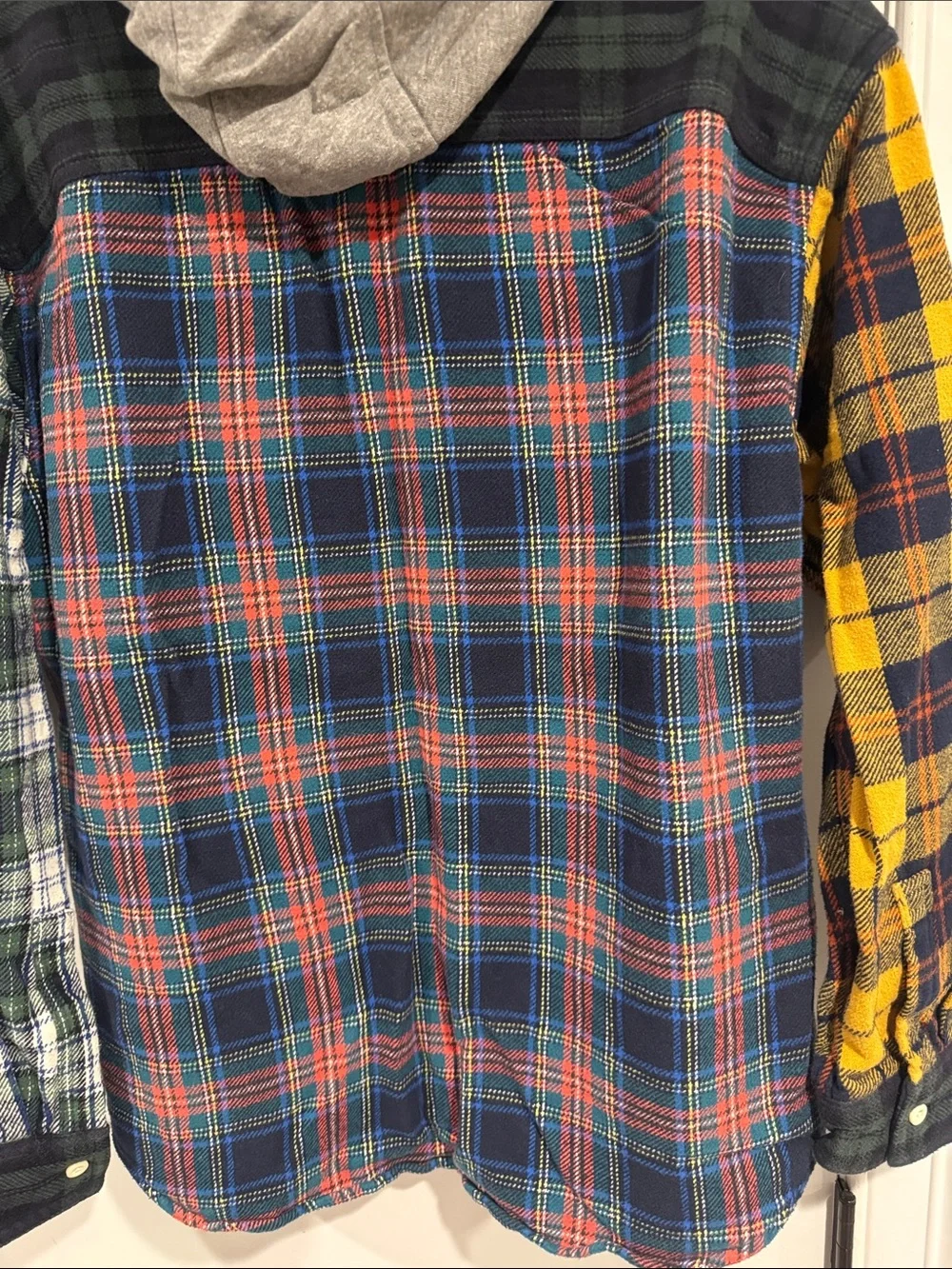American Eagle Patchwork Plaid Hooded Flannel Shacket Shirt Jacket